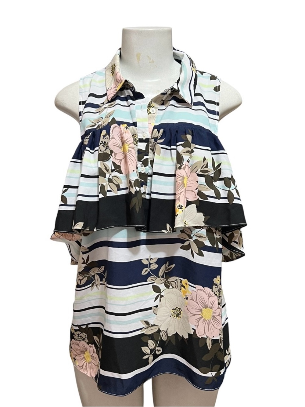 Guess Top Floral Stripes Ruffle Blouse Cold Off Shoulder Summer Cottagecore Sz L